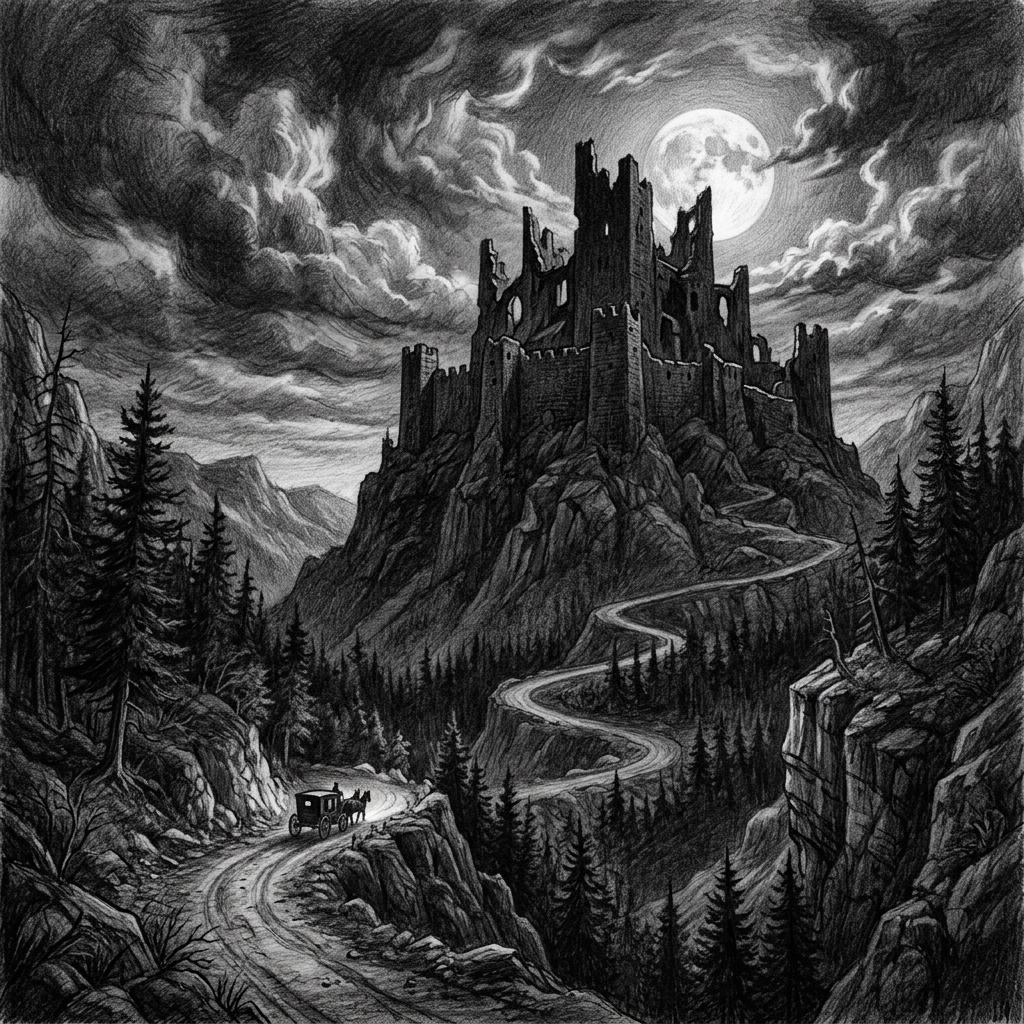 Graphite drawing of a vast ruined castle on a crag, silhouetted against a moonlit, cloud-torn sky, with a winding road in the ravine below.