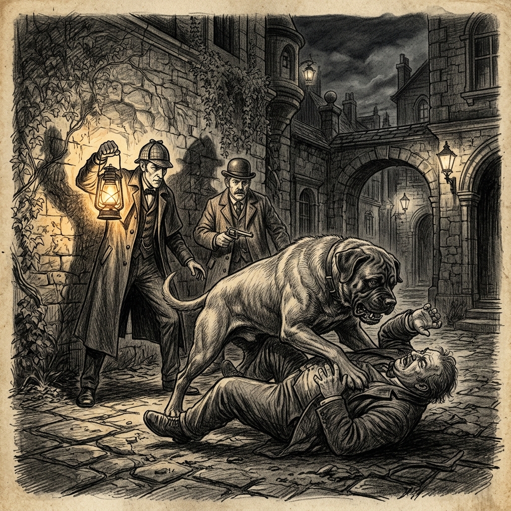 Graphite drawing of a massive dog with its jaws at a man's throat in a dark courtyard, Watson raising a revolver, Holmes holding a lantern.
