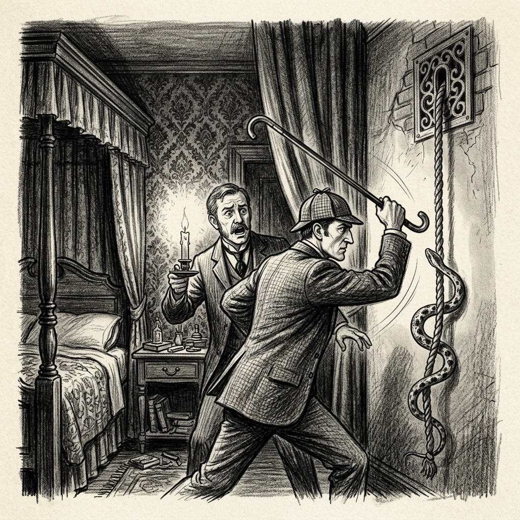 Graphite drawing of Sherlock Holmes lashing with a cane at a speckled snake descending a bell-rope, Watson beside him with a candle.